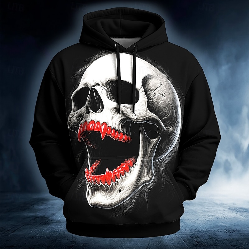 Halloween Men's Skull 3D Hoodie Sweatshirt Punk Exaggerated Long Sleeve Crew Neck Club Streetwear Black Red Drawstring Fall Winter Designer - Main Image