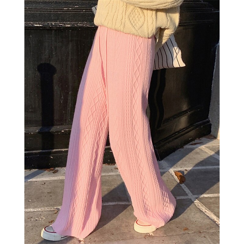 Women's Wide Leg Corduroy Pants Slacks Streetwear Casual Full Length Natural Plain Knitted Elastic Drawstring Design Soft Street Holiday Daily Wear Camel Apricot Grey Black Fall Regular Fit4