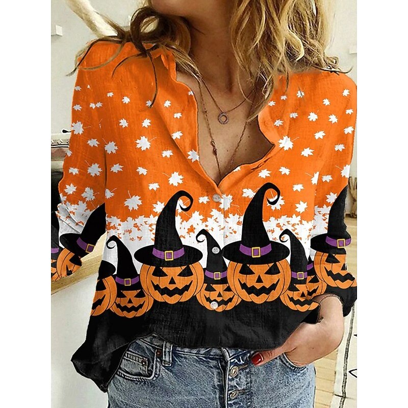 Halloween Women's Shirt Button Down Tunic Shirt Collar Long Sleeve Castle Graphic Pumpkin Witch Elegant Vintage Tropical V Neck Daily Holiday Print Black and gray Black Orange Spring Fall2