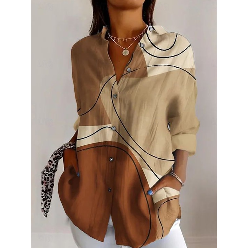 Women's Shirt Graphic Geometric Vintage Daily Casual Long Sleeve Shirt Collar Regular Tops Daily Holiday Print Sage Green Yellow Brown Khaki Summer Spring