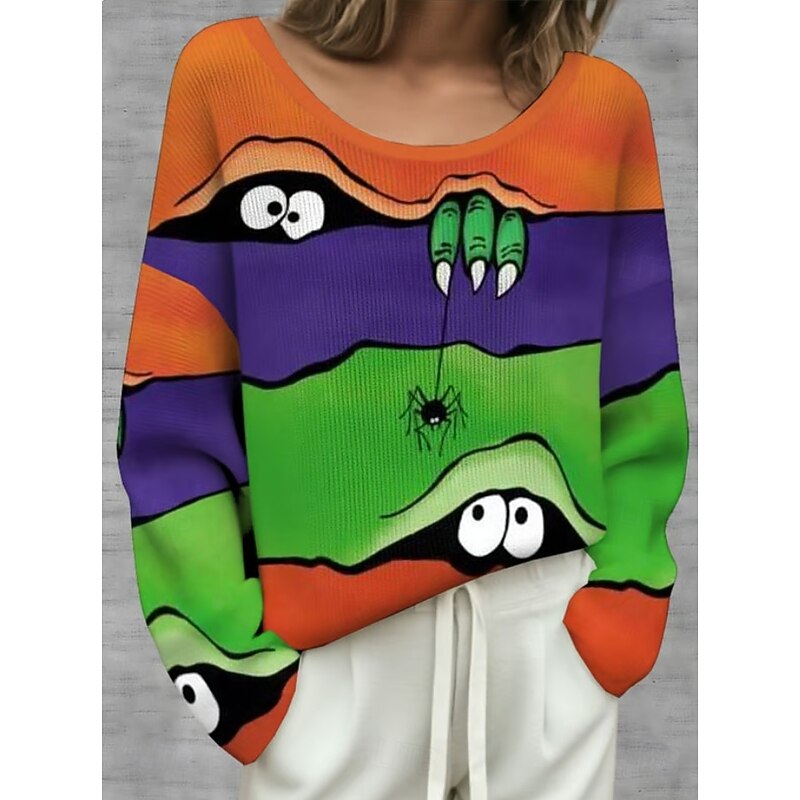 Halloween Women's Plus Size T Shirt Color Gradient Vintage Stylish Classic Long Sleeve Crew Neck Regular Tops Daily Going out Weekend Print Black Orange Green off-white Khaki Spring Fall