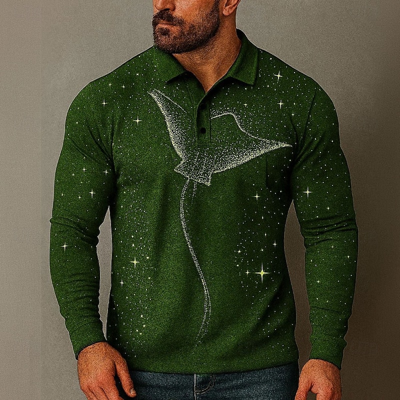 Men's Animal Patterned Polo Long Sleeve Polo Shirts Lapel Casual Outdoor Street Athleisure Daily Wear 3D Print Buttons Spring Fall Winter Black Blue Purple4