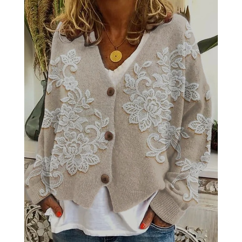 Women's Coat Casual Jacket Warm Comfortable Print Fashion Modern Casual Floral Going out Weekend Single Breasted Regular V Neck Regular Fit Long Sleeve Outerwear White Yellow Khaki Fall Winter