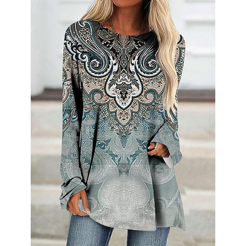 Women's T Shirt Graphic Tribal Vintage Stylish Casual Long Sleeve Crew Neck Long Tops Daily Print Blue Sky Blue Orange Brown Khaki Spring Fall