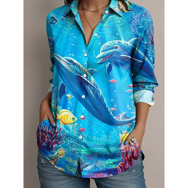 Dakota Daetwiler by Women's Shirt Graphic Hawaiian Basic Long Sleeve Shirt Collar Regular Tops Work Daily Holiday Buttons Print Blue Summer Spring Fall3