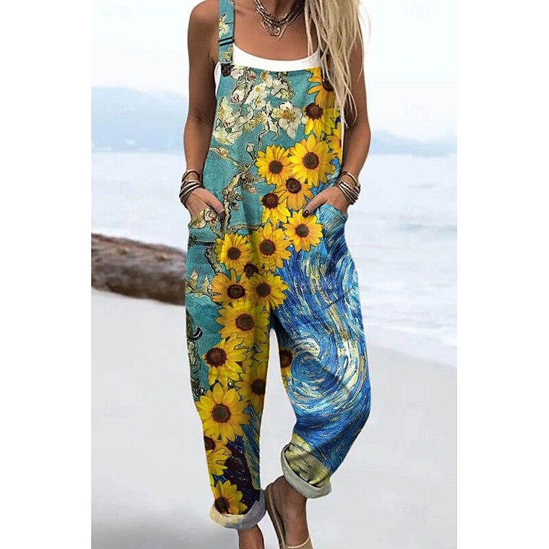 Women's Dungarees Active Floral Sleeveless Sleeveless Straight Square Neck Pocket with Pocket Vacation Daily Loose Fit Red Blue Green Summer