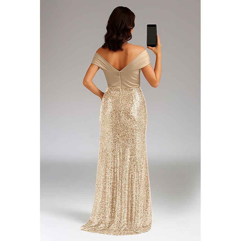 Gold Stretch Sequin Mermaid / Trumpet Evening Gown Elegant Dress Formal Wedding Sweep / Brush Train Sleeveless Off Shoulder Stretch Satin with Pleats 20253
