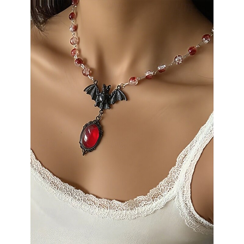 Women's Halloween Gothic Bat Necklace with Red Gem Pendant, Vintage Vampire Choker Jewelry for Costume Parties and Cosplay2