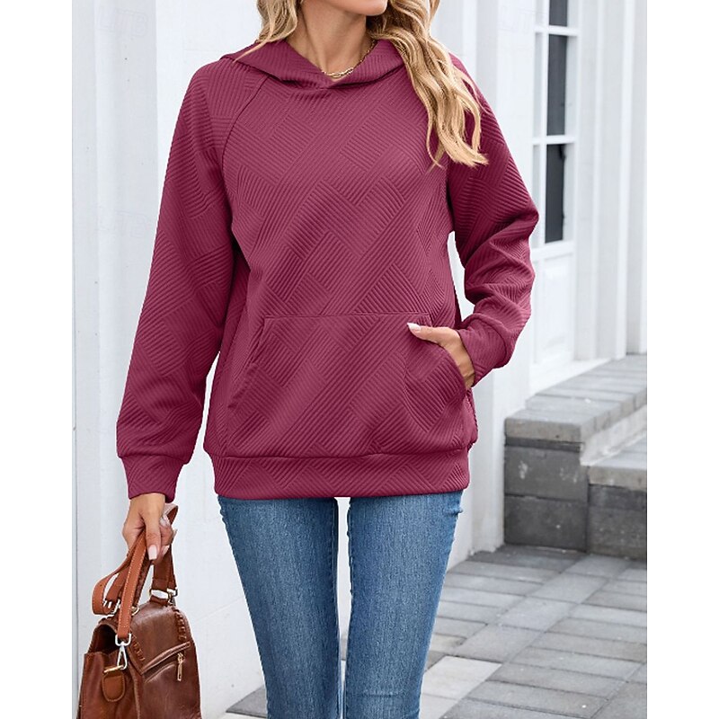 Women's Texture Sweatshirt Pullover Hoodie Sweatshirt Plain Streetwear Casual Long Sleeve Hooded Regular Tops Street Going out Pocket Black Pink Wine Gray Fall2