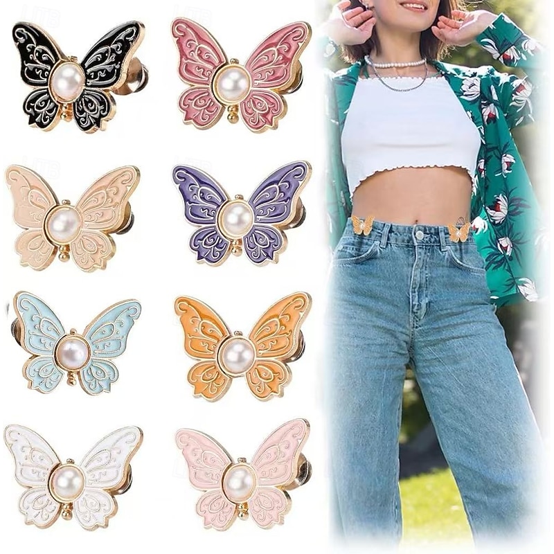 8 Pack Detachable Butterfly Clips Waist Cinch Clips – Adjustable No-Sew Jean Button Pins, Instant Waist Tightener for Loose Jeans, 8 Colors Removable Waist Adjuster