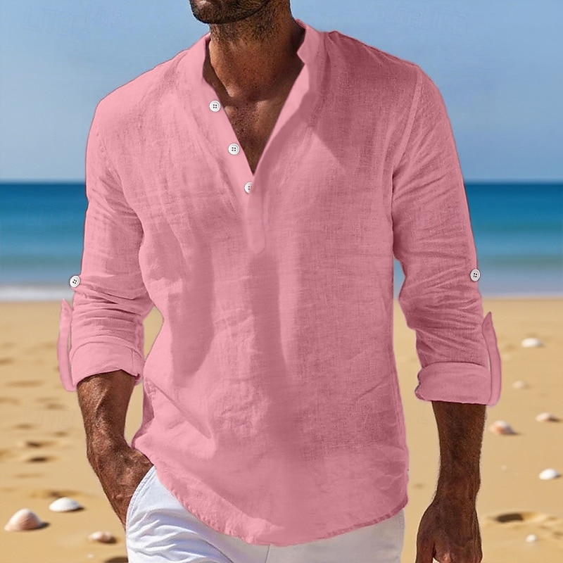 Men's Linen Shirt Band Collar Shirt Popover Shirt Casual Shirt Beach Shirt Plain Vacation Holiday Black White Pink Orange Long Sleeve Henley Summer Spring & Summer Clothing Apparel3