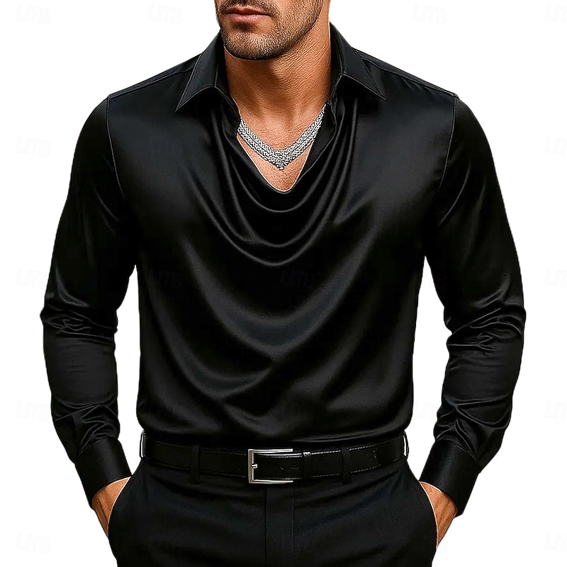 Men's Shirt Silk Like Satin Shirt Casual Shirt Plain Formal Wedding Silver Black Gold Green Long Sleeve Lapel Spring &  Fall All Seasons Clothing Apparel Ruched