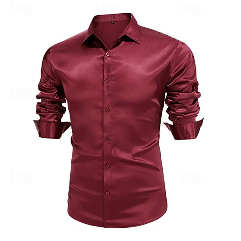 Men's Shirt Silk Like Satin Shirt Dress Shirt Casual Shirt Button Up Shirt Plain Wedding Shower Black White Red Royal Blue Long Sleeve Lapel Spring &  Fall All Seasons Clothing Apparel3