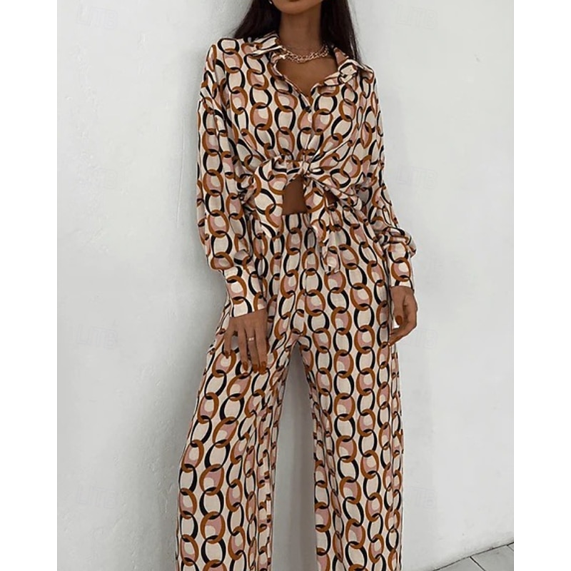 Women's Active Fashion Shirt Blouse Pants Sets Long Sleeve Shirt Collar Floral Print Vacation Going out Brown Fall Regular Fit4