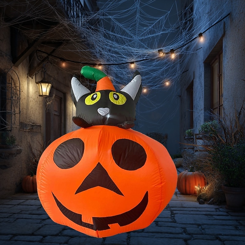 1 Pc 1.3M Halloween Smiling Pumpkin Black Cat Combo with LED Inflatable Air Model Indoor and Outdoor Courtyard Lawn Party Halloween Festival Atmosphere Decorative Light EU/US/UK/AU Plug