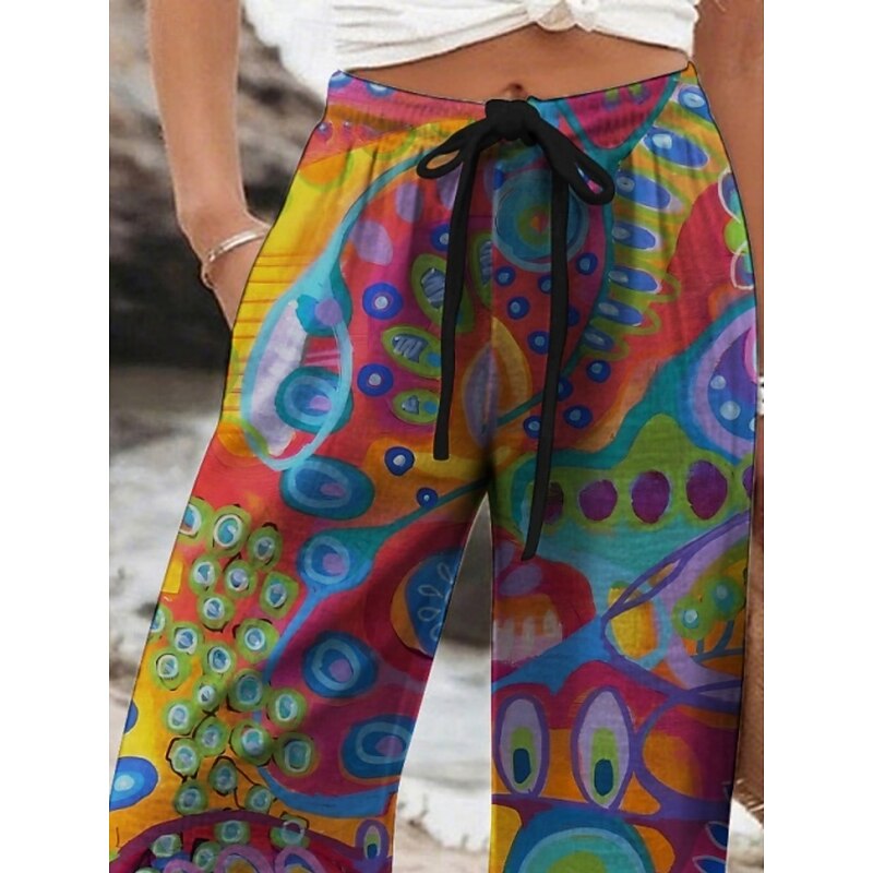 Women's Wide Leg Pants Trousers Vacation Casual Long High Waist Peacock Elastic Waist Printing High Cut Breathability Soft Micro-elastic Vacation Street Daily Wear Rainbow Spring Fall Regular Fit2