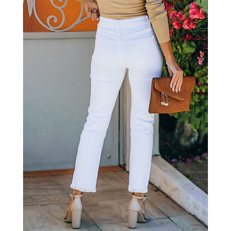 Women's Slacks Cropped Pants Straight Streetwear Casual Full Length Natural Plain Pocket Comfortable Street Holiday Daily Wear White Fall Regular Fit3