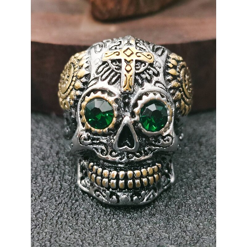 Men's Halloween Skull Ring – Gothic Stainless Steel Biker Jewelry with Green Eyes and Gold Cross Details for Party, Cosplay and Punk Style2