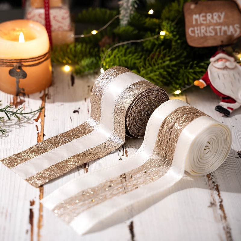 2 Roll Christmas Ribbon, Gold Mesh Tulle Decorative Ribbon for Holiday Atmosphere Decoration, High-End Xmas Gift Wrapping and Party Decor