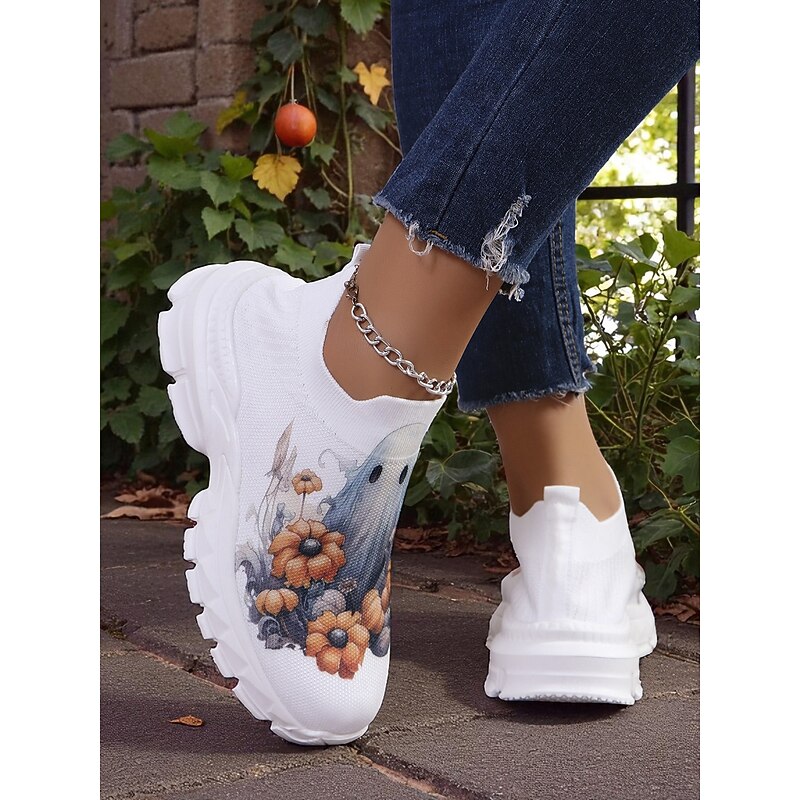 Women's Flyknit Slip-On Sneakers with Ghost and Pumpkin Floral Print – Lightweight Casual Shoes for Halloween & Autumn Outdoor Events4