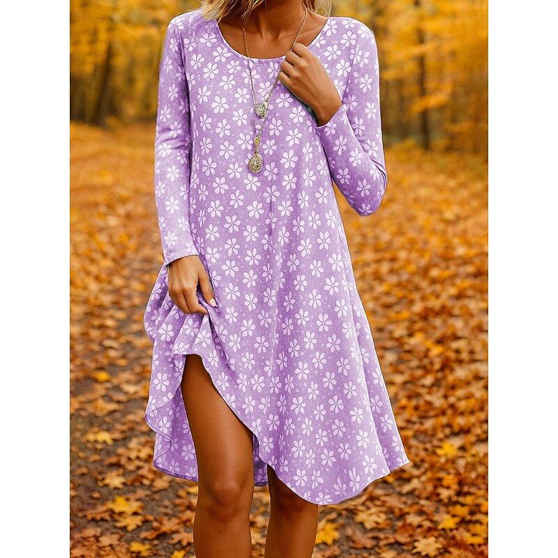 Women's Mini Dress Crew Neck Long Sleeve Casual Dress T Shirt Dress Tee Dress A Line Dress Casual Regular Fit Floral Graphic Blue Purple Green Khaki Fall Winter3