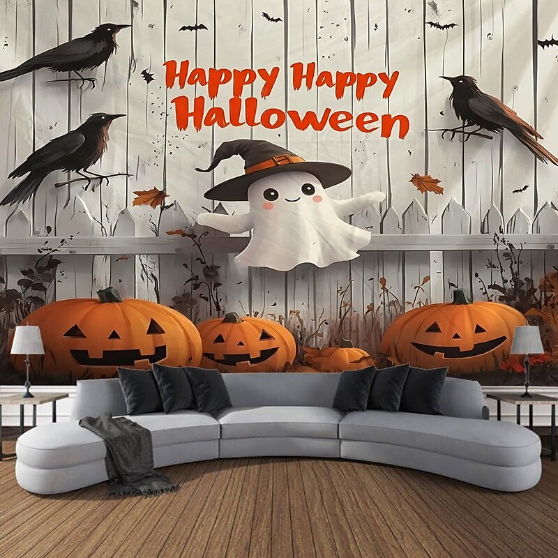 Halloween Photograph Backdrop Tapestry, Ghost and Pumpkin Pattern Wall Hanging, Large Decorative Mural for Bedroom, Living Room, Party, and Home Decoration4