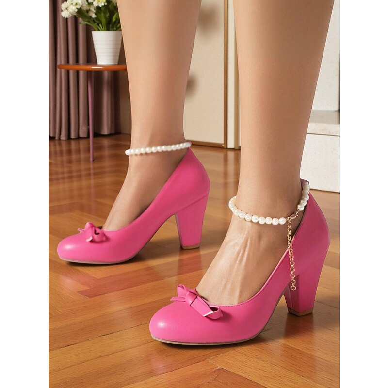 Women's Pink Faux Leather Round Toe Pumps - Chunky Heel Slip-On Dress Shoes with Bow Accent and Pearl Ankle Strap, 1950s Retro Feminine Style for Weddings and  Vintage Outfits