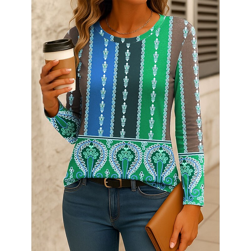 Women's T Shirt Graphic Paisley Striped Vintage Stylish Casual Long Sleeve Crew Neck Regular Tops Daily Print Pink Purple Orange Green Spring Fall Winter4
