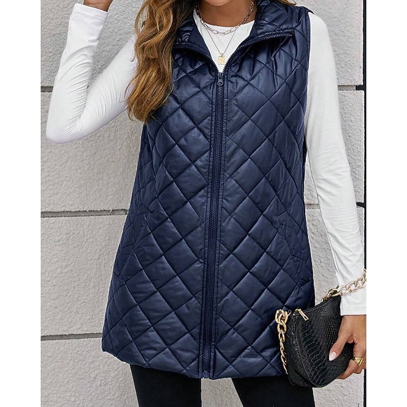 Women's Vest Warm Comfortable Zipper Pocket Casual Plain Going out Weekend Zipper Long Turndown Regular Fit Sleeveless Outerwear Navy Black Brown Fall Winter2