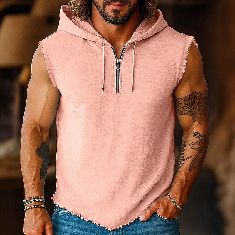 Men's Linen Shirt Tank Top Vest Undershirt Sleeveless Hooded Summer All Seasons Plain Fashion Streetwear Classic Quarter Zip Street Casual Sports Black Pink Blue Top Tee for Men