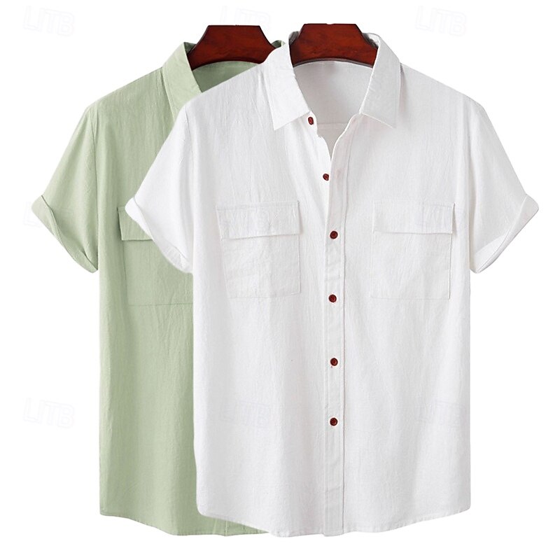 Men's Shirt Linen Shirt Summer Shirt Beach Wear Button Up Shirt Plain Vacation Casual White+Green Green+pink White+Navy Blue Pink+Navy Blue Short Sleeve Turndown Summer Clothing Apparel Multi Pocket3
