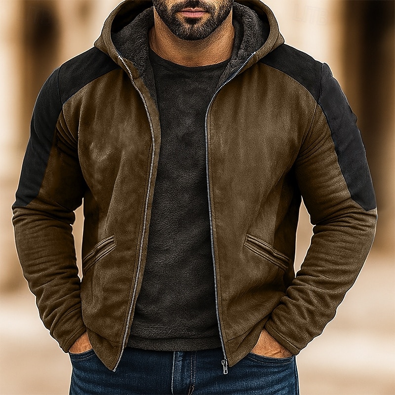 Men's Hoodie Full Zip Hoodie Fleece Hoodie Fleece lined Hoodie Blue Dark Green Brown Hooded Plain Patchwork Color Block Sports & Outdoor Casual Daily Streetwear Cool Sportswear Winter Clothing Apparel2