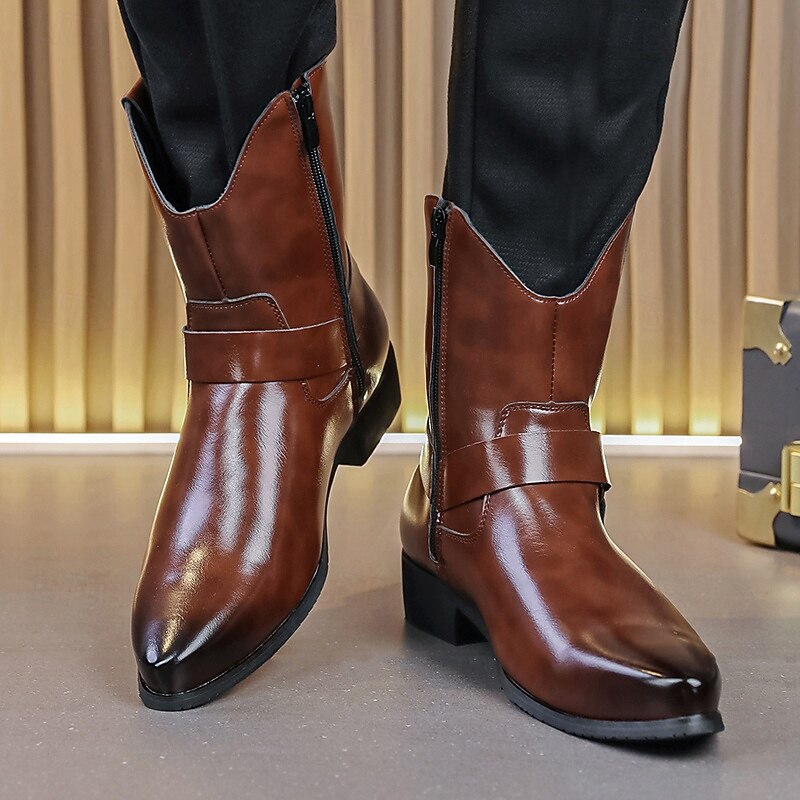 Men's Brown Leather Ankle Boots with Side Zipper and Buckle Strap, Stylish Dress Boots for Business, Evening Party and Formal Occasions2