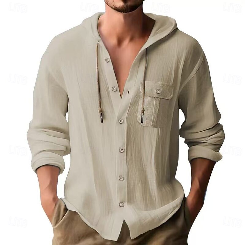 Men's Shirt Linen Shirt Summer Shirt Beach Wear Hooded Shirt Solid Color Vacation Holiday Black White Blue Khaki Long Sleeve Hooded Summer Spring Clothing Apparel Pocket4