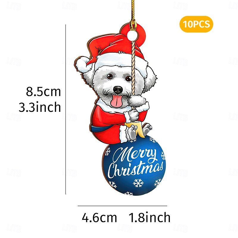 10PCS Christmas Wooden Dog Ornaments, Cute Colorful Printed Puppy Hanging Decorations, Festive Xmas Tree Hanging Tags for Home, Store Window, and Holiday Party Decor2