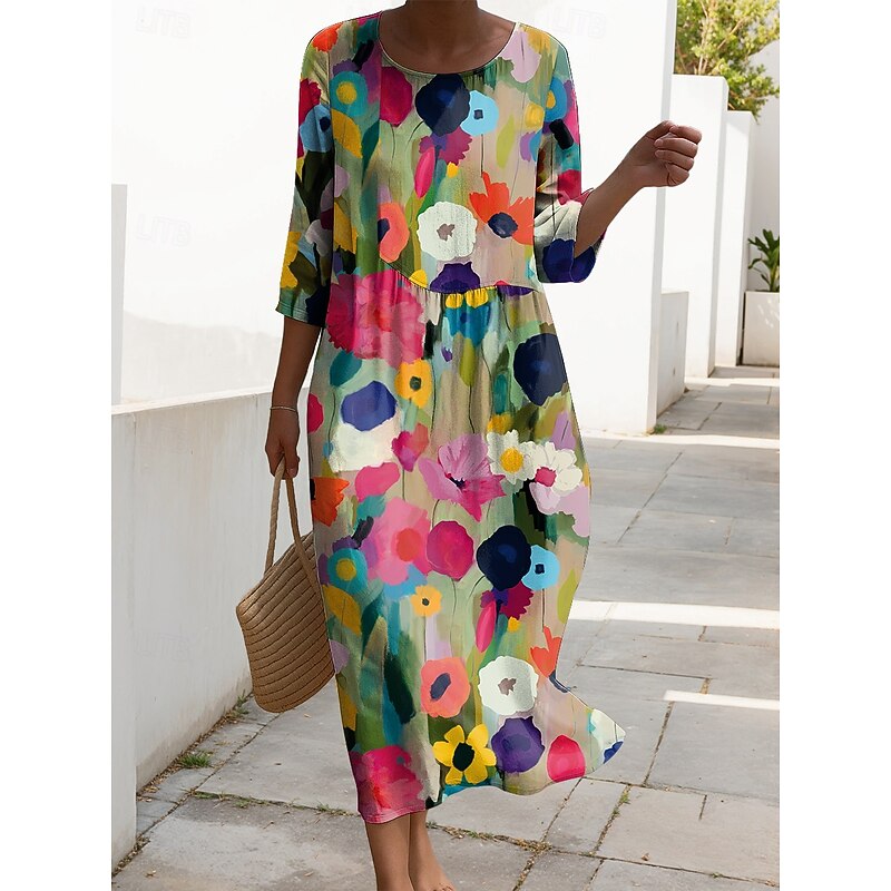 Women's Maxi Dress Kaftan 3/4 Length Sleeve Crew Neck Casual Shift Dress A Line Dress Dress Boho Daily Holiday Date Floral Graphic Pink Red Blue Fuchsia Spring