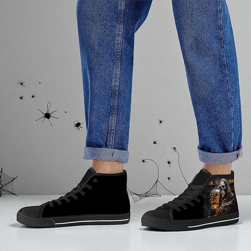 Men's High-Top Canvas Sneakers with Grim Reaper Beer Mug Print – Durable Casual Lace-Up Shoes for Halloween, Gothic Style & Night Events2