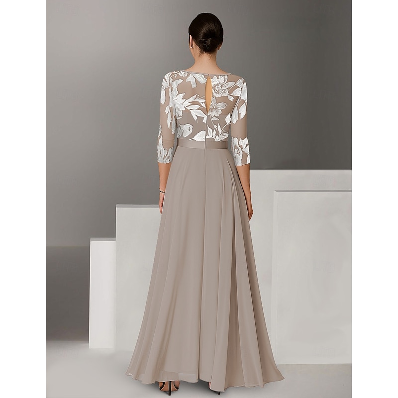 Embroidered Lace Applique Jumpsuit Mother of the Bride Jumpsuit Elegant Minimalist Casual Boat Neck Floor Length Chiffon Lace 3/4 Length Sleeve2