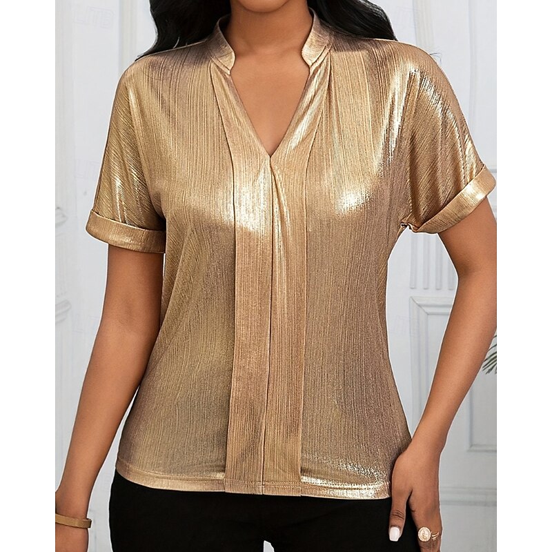 Women's Shirt Velvet Elegant Dressy Plain Stylish Modern Short Sleeve V Neck Regular Tops Holiday Going out Gold Fall4
