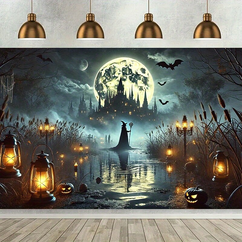 Grim Reaper Tapestry for Halloween – Gothic Cemetery Wall Hanging with Full Moon and Bats, Scary Death Skeleton Wall Decoration for Bedroom or Party4