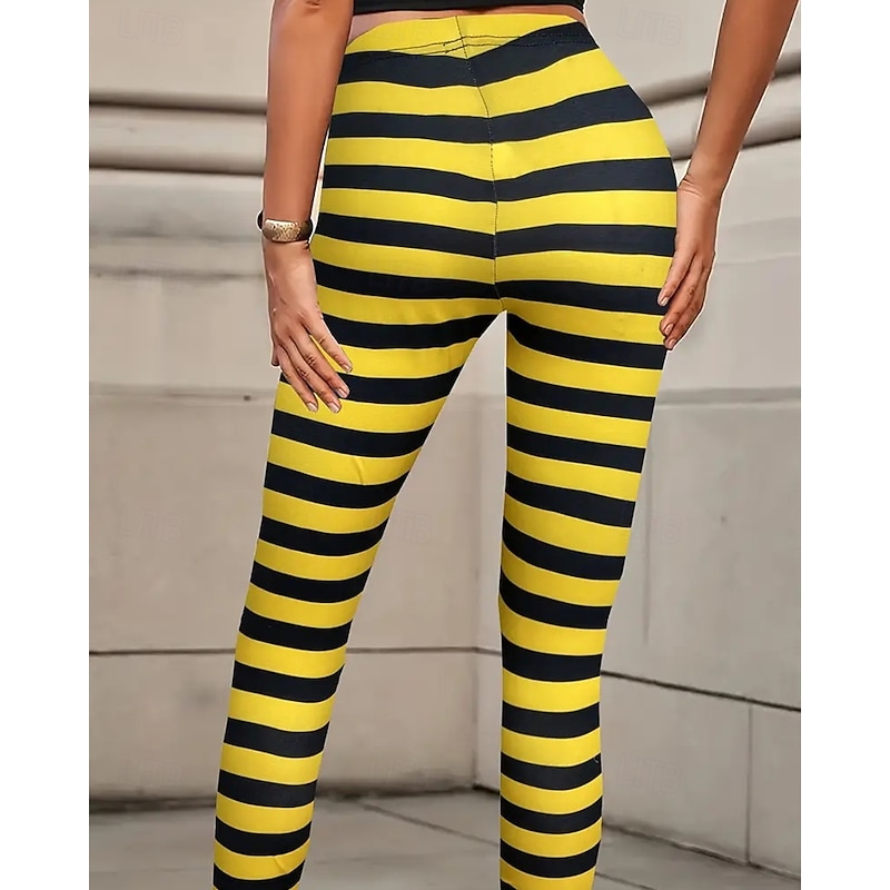 Women's Pants Trousers Leggings Cozy Leggings Streetwear Casual Full Length High Waist Stripe Elastic Waist Print Breathability Comfortable Stretchy Vacation Street Daily Wear Yellow Summer Spring3