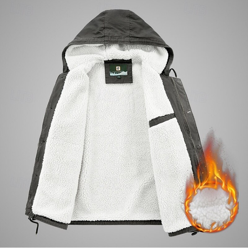 Men's Fleece Jacket Hoodied Jacket Formal Home Fleece Lining Portable Pocket Hooded Spring Fall Winter Solid Color Active Vintage Hooded Regular Brown Light Grey Dark Grey Jacket2