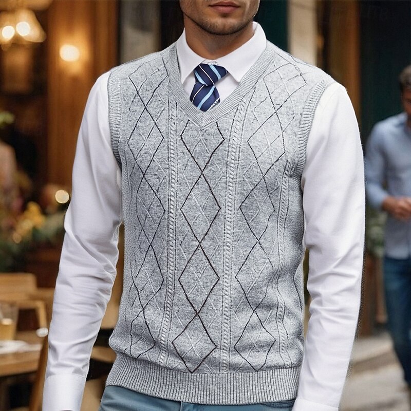 Men's Sweater Vest Dress Sweater Pullover Sweater Jumper Vest Knit Sweater Ribbed Knit Regular Tops Knitted Argyle V Neck Fashion Casual Vacation Daily Wear Clothing Apparel Fall Winter Camel Dark2