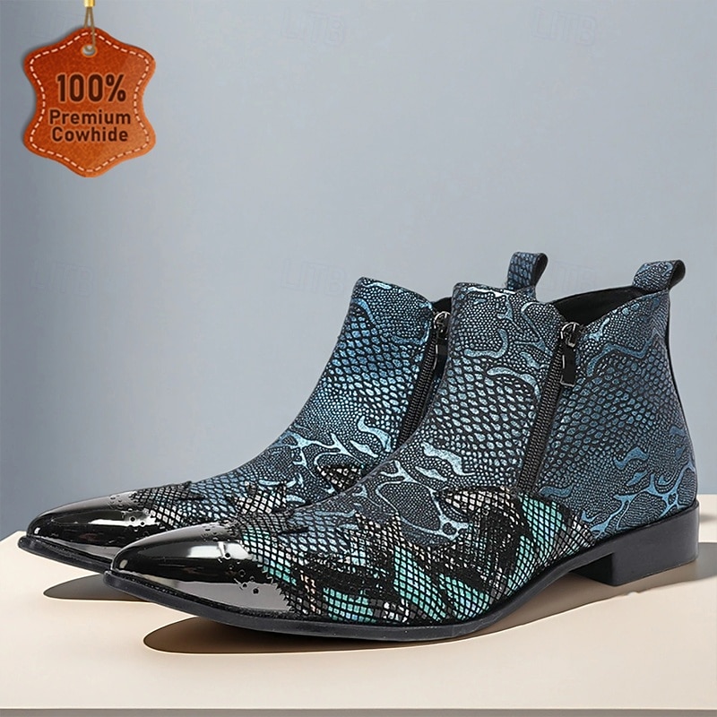 Men's Blue Snakeskin Pointed Toe Ankle Boots – Rock Star Cowhide Zip-Up Boots for Concerts, Festivals and Themed Occasions