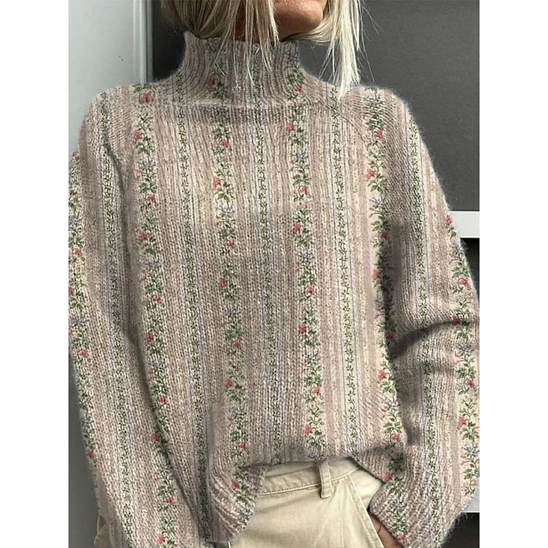 Women's Pullover Vacation Daily Floral Color Gradient Ribbed Turtleneck Knitted Print Long Sleeve Regular Tops Knit Outdoor Daily Holiday Blue Green Fall Winter2