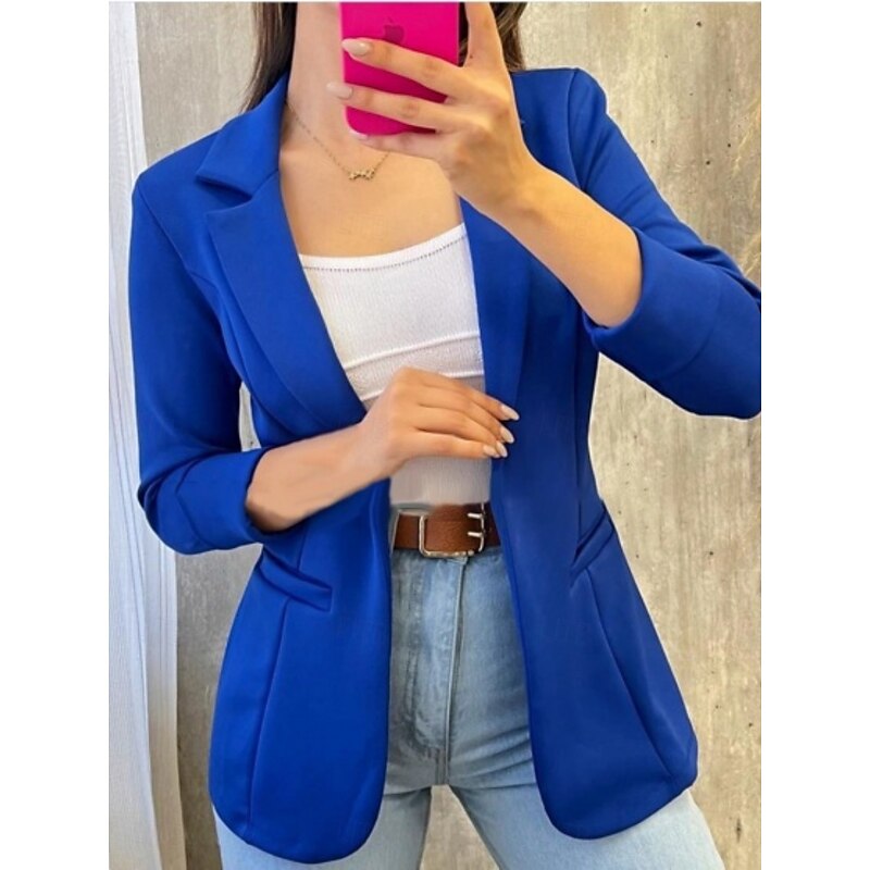 Women's Blazer Comfortable Breathable Pocket Casual Plain Office Street Casual Daily Wear Open Front Short Turndown Regular Fit Long Sleeve Outerwear Pink Blue Green Summer Fall