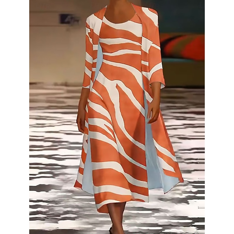 Women's Dress Set Maxi Dress Shift Dress Summer Dress Casual Graphic Geometric Layered Print Maxi Dress 3/4 Length Sleeve Crew Neck Daily Orange Spring Fall Regular Fit2