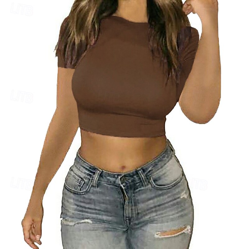 Women's Wrap Crop Top Plain Stylish Short Sleeve Crew Neck Regular Tops Black White Wine Blue Brown Summer2