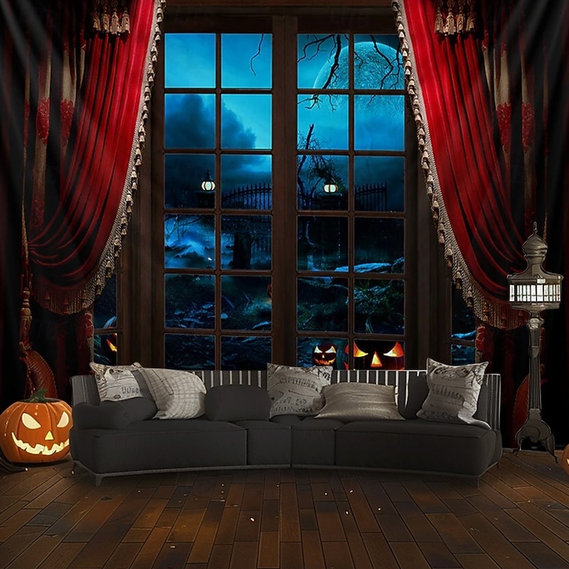 Halloween Window View WAall Tapestry Backdrop – Spooky Night Scene with Red Curtains, Jack-o'-Lanterns, Haunted Garden, Full Moon, Creepy Decor for Home Decoration, Party, Photography