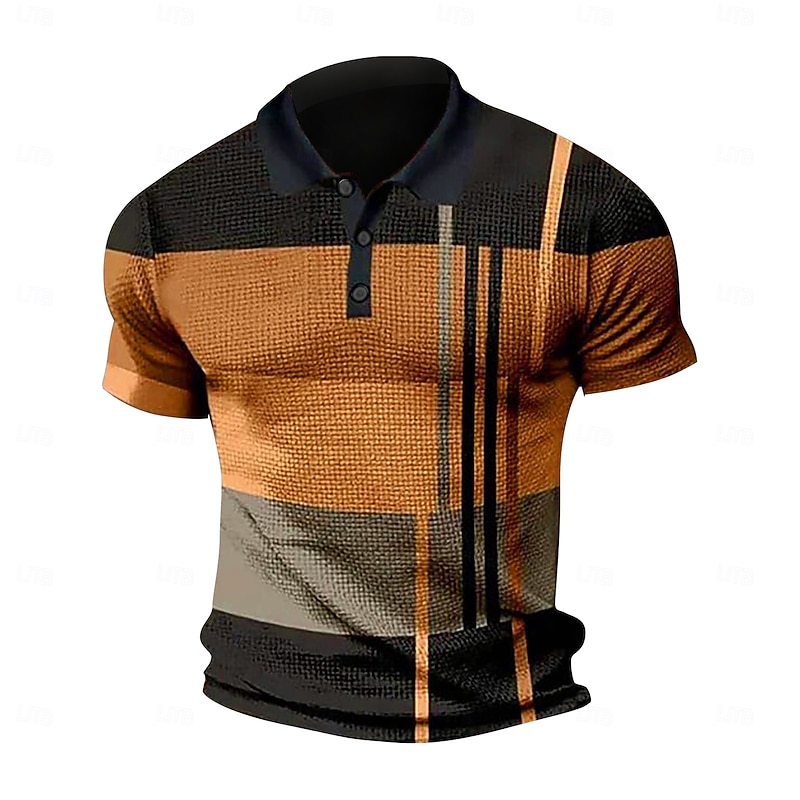 Men's Waffle Polo Shirt Golf Shirt Casual Date Lapel Short Sleeves Fashion Plaid / Striped / Chevron / Round Print Summer Dry-Fit Yellow Pink Red Blue Light Purple Orange Waffle Polo Shirt3